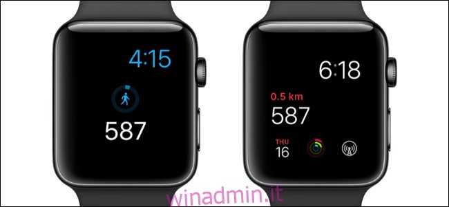 Due Apple Watch che mostrano il conteggio dei passi sui quadranti.