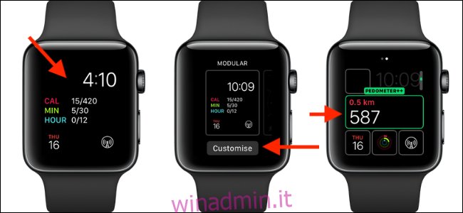 Tre Apple Watch con la complicazione Pedometer ++ sul quadrante.