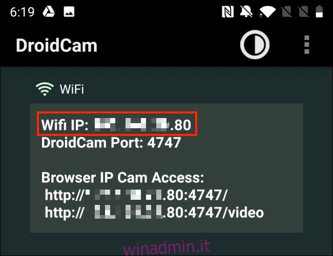 Copia l'IP Wi-Fi dall'app DroidCam per Android