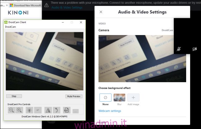 Il client DroidCam che mostra un'anteprima della fotocamera di un telefono Android.
