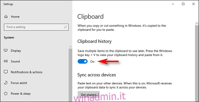 Fare clic sull'interruttore Cronologia appunti nelle Impostazioni di sistema di Windows 10