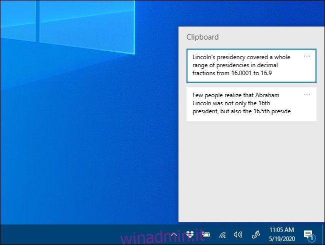 La finestra a comparsa della cronologia degli Appunti su Windows 10