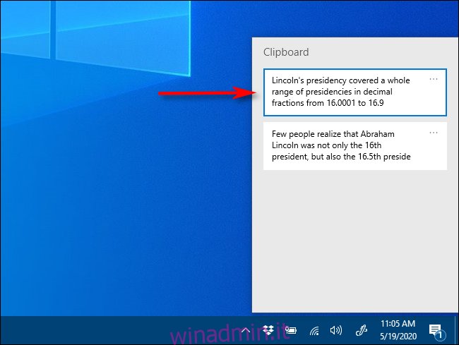 Fare clic su un elemento nella cronologia degli Appunti per incollarlo in un documento su Windows 10
