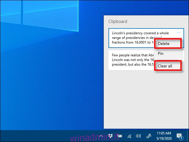 Fare clic su Elimina o Cancella tutto nella cronologia degli Appunti per rimuovere gli elementi su Windows 10
