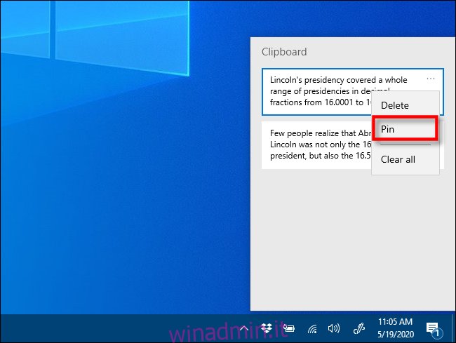 Fai clic su Fissa nella cronologia degli Appunti su Windows 10