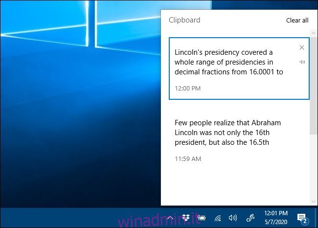 La finestra della cronologia degli Appunti in Windows 10