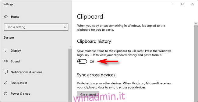Fare clic sull'interruttore Cronologia appunti nelle Impostazioni di sistema di Windows 10 per disattivarlo