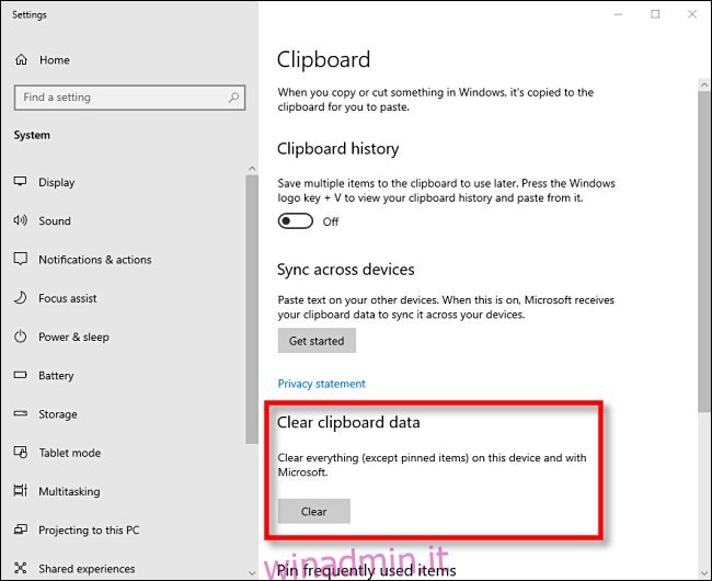 Fare clic su Cancella per cancellare i dati degli appunti in Windows 10