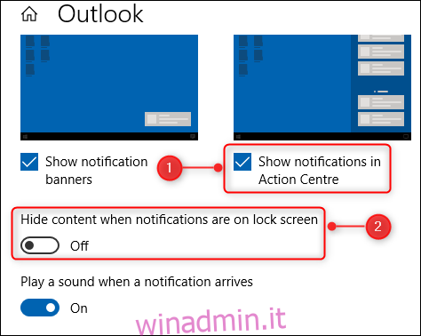 Due delle opzioni nelle opzioni di notifica di Outlook.