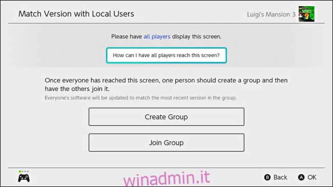Crea un gruppo o Unisciti a un gruppo per aggiornare il software su Nintendo Switch