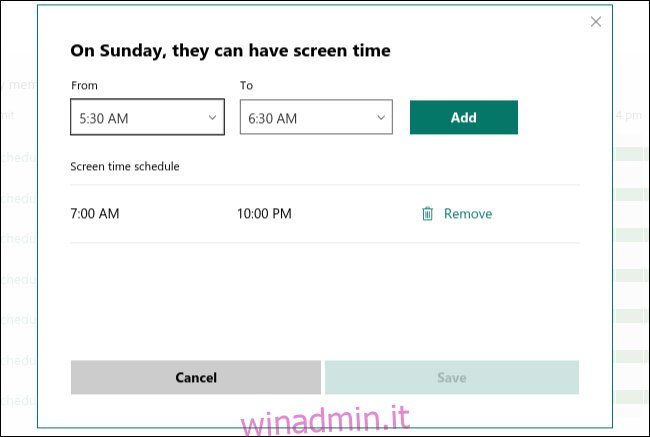 Programma del tempo dello schermo per la domenica nel calendario. 