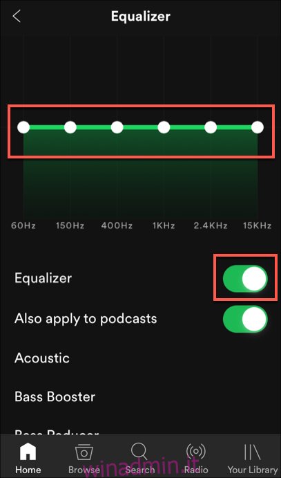 Le impostazioni dell'equalizzatore per Spotify su iOS