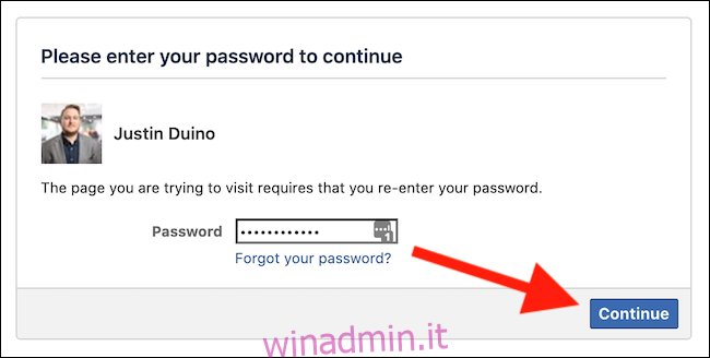 Immettere la password di Facebook e quindi fare clic su 