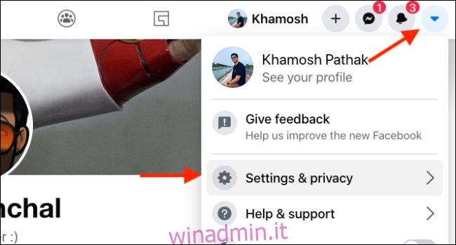 Fare clic su Impostazioni e privacy dal menu del sito Web di Facebook