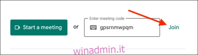Immettere il codice riunione e fare clic su Partecipa