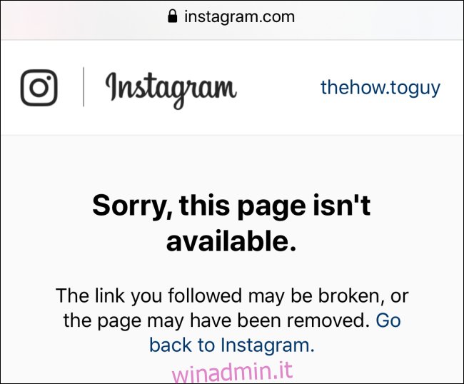 Impossibile aprire l'URL del profilo per il profilo Instagram che ti ha bloccato