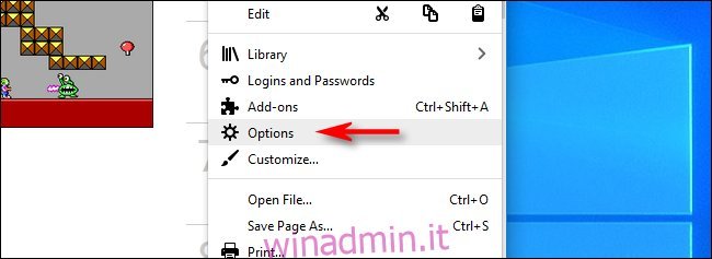 Fare clic su Opzioni in Firefox