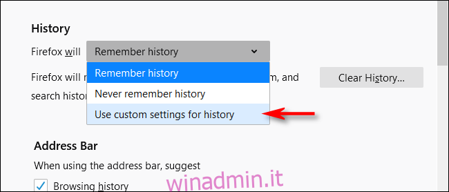 Fare clic su Usa impostazioni personalizzate per la cronologia in Firefox