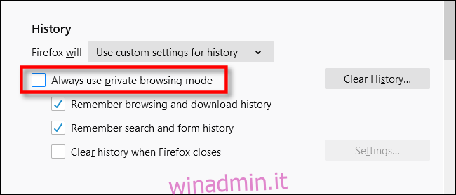 Seleziona Usa sempre la modalità di navigazione privata in Firefox