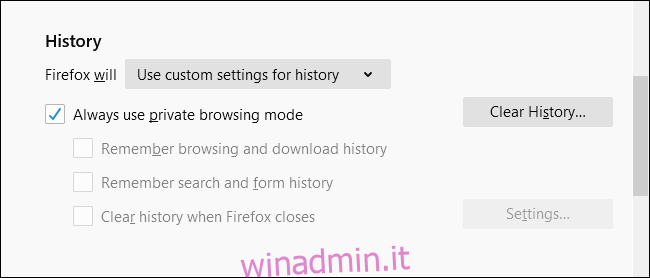 Usa sempre la modalità di navigazione privata selezionata in Firefox