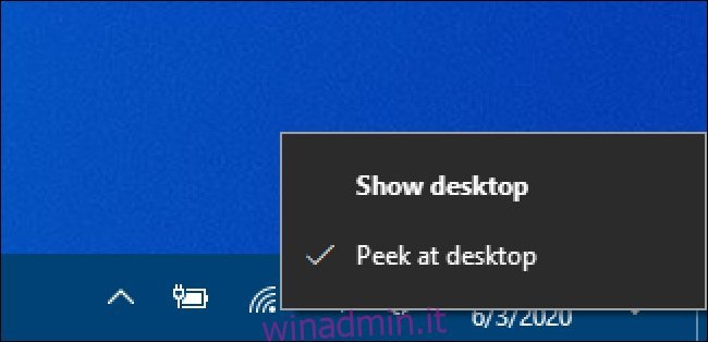 Menu di scelta rapida del pulsante Mostra desktop di Windows 10: seleziona Accanto a Peek at Desktop