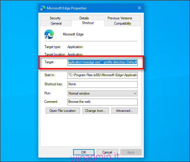 Trova il percorso di destinazione per Microsoft Edge su Windows 10