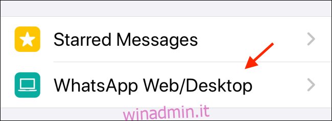 Scegli WhatsApp Web dalle impostazioni su iPhone
