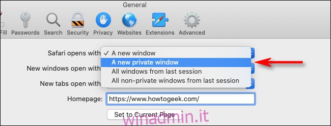 Seleziona Una nuova finestra privata dal menu a discesa in Safari per Mac