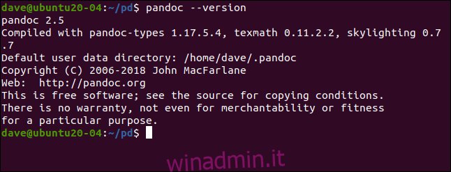 pandoc --version in una finestra di terminale.
