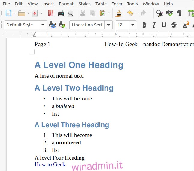 Un file ODT renderizzato da markdown con un documento LibreOffice che funge da foglio di stile, in una finestra di LibreOffice Writer.