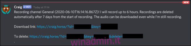 Un messaggio privato dal bot Craig Discord, con collegamenti per scaricare o eliminare registrazioni