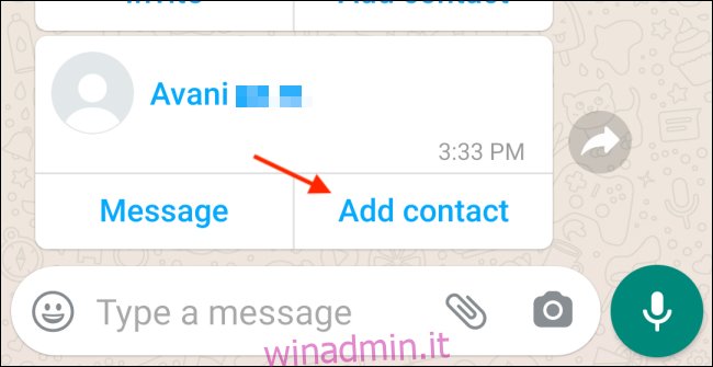 Tocca Aggiungi contatto in WhatsApp Android