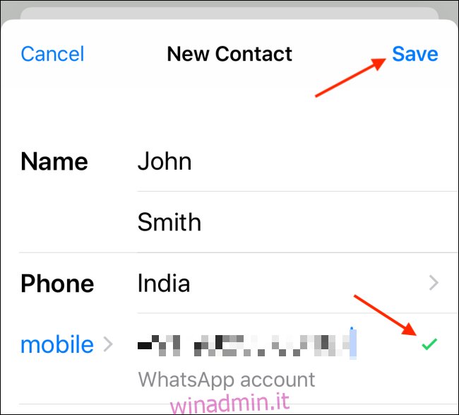 Inserisci i dettagli del contatto e tocca Salva su iPhone