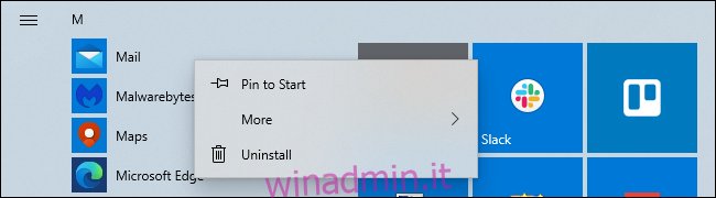 Disinstallazione dell'app Mail di Windows 10 dal menu Start.