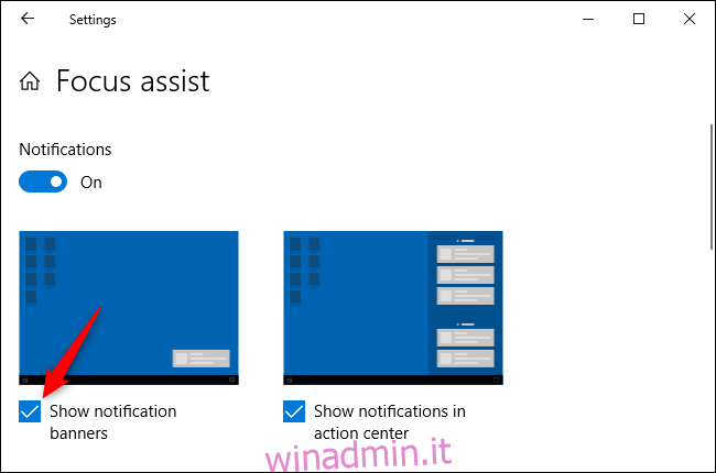 Disattivazione dei banner di notifica per un'app nelle Impostazioni di Windows 10.