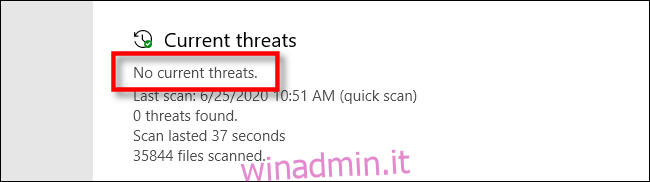 Nessuna minaccia attuale in Microsoft Defender su Windows 10