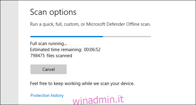 Microsoft Defender Full Scan in corso su Windows 10