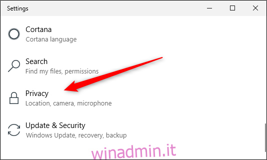 Opzione privacy nelle impostazioni di Windows