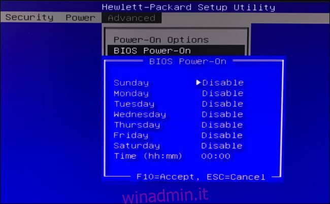 Opzioni di accensione del BIOS su un computer HP.