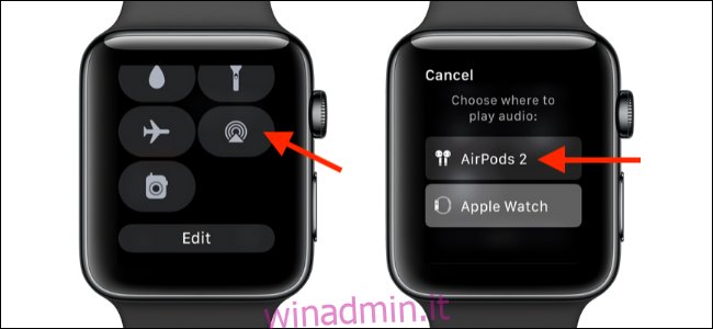 Scegli l'opzione AirPlay in Apple Watch per passare ad AirPods