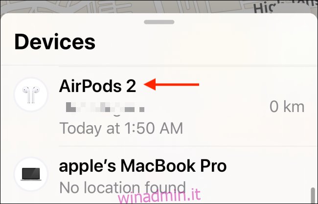 Scegli AirPods da Trova la mia app