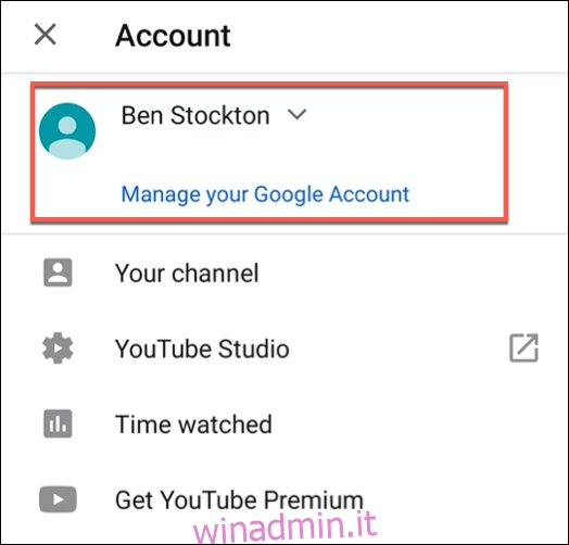 Cambio di account YouTube nel menu Account