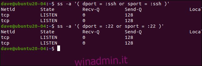 ss -a '(dport =: ssh or sport =: ssh)' in una finestra di terminale.