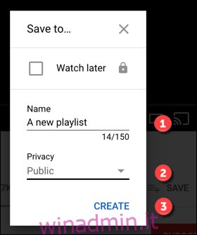 Opzioni per la creazione di una playlist di YouTube.  Fare clic su Crea per crearlo.