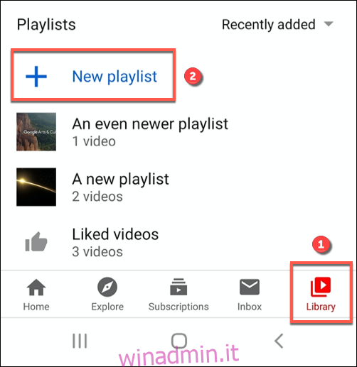 Tocca Nuova playlist nella sezione Libreria dell'app YouTube per creare una nuova playlist