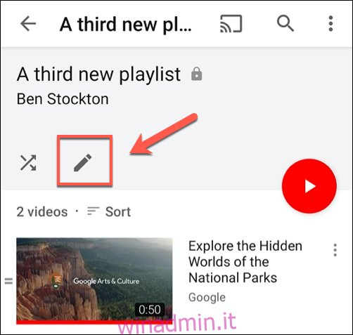 Per modificare una playlist, tocca il pulsante della matita nelle impostazioni della playlist