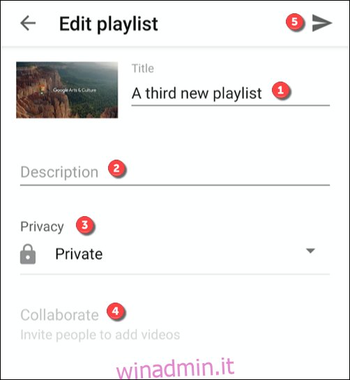 Le opzioni per modificare una playlist nell'app YouTube