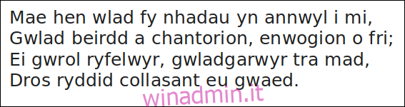immagine contenente il testo del primo verso dell'inno nazionale gallese.
