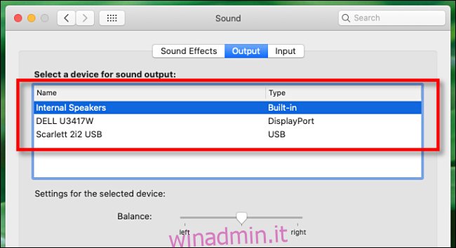 Seleziona un dispositivo di uscita audio nelle preferenze Audio sul Mac