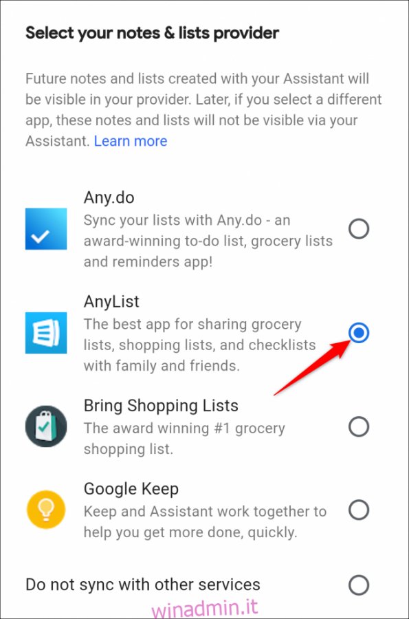 Google Assistant seleziona la lista della spesa di anylist